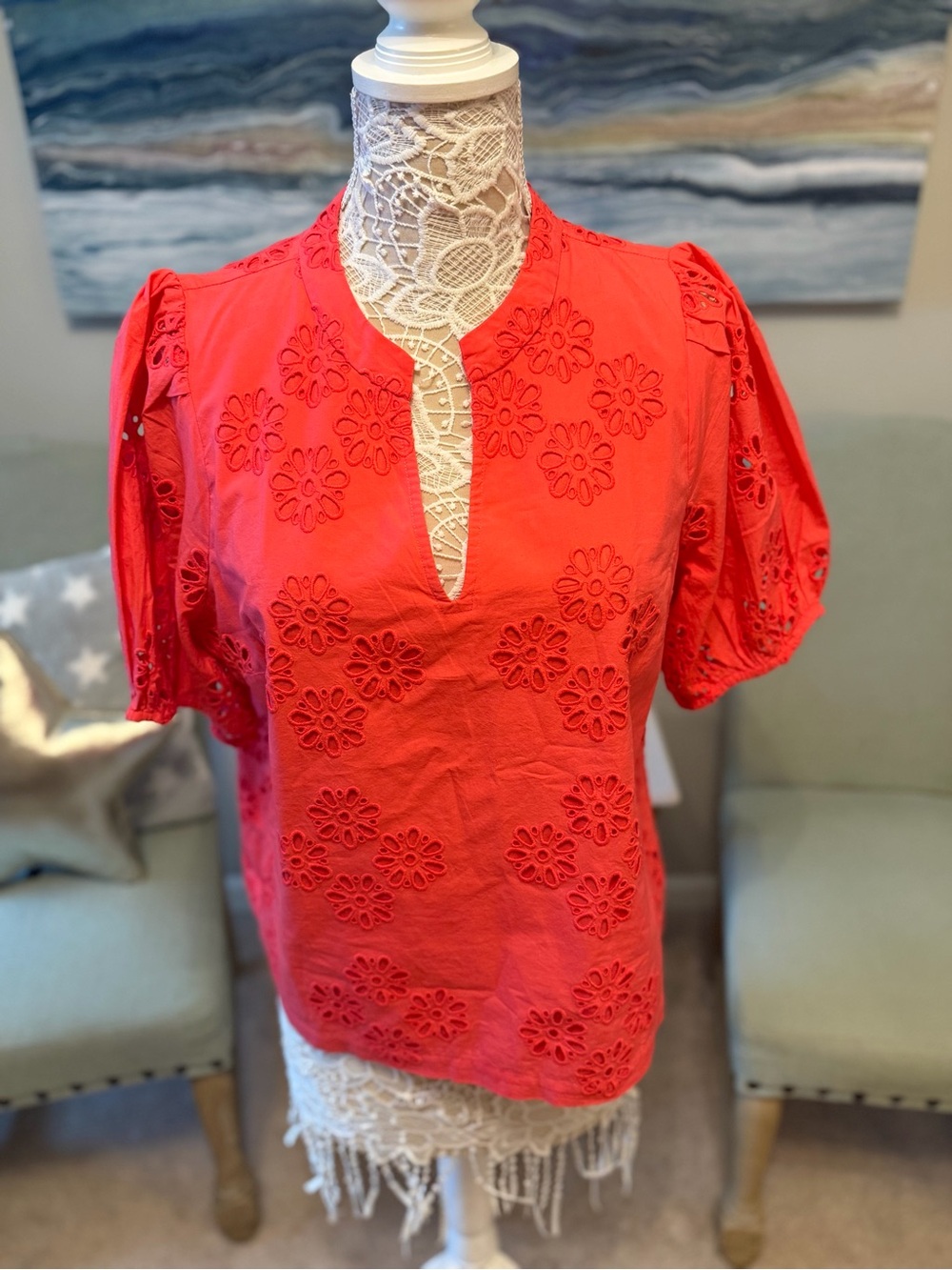 Lilly Pulitzer Coral Red Eyelet Puff Sleeve Blouse